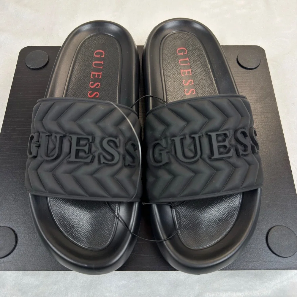 Guess GMSYLVAR-R Mens Quilted Black Logo Slide Sandals Chevron Size 11M NWOB
